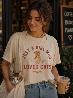 Just a Girl Who Loves Cats White Graphic Cat T-Shirt - mute+grand L New